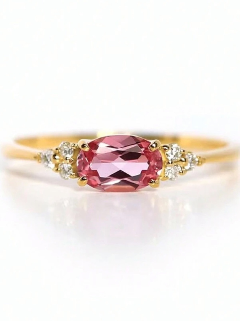 Gold Tone Pink Oval Stone Ring with Accent Diamonds Size 8